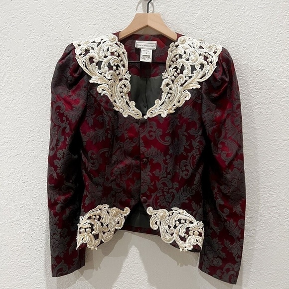Vintage Jessica Mcclintock Jacquard Jacket 80’s Lace Detail And Pearl/ Beads - Picture 1 of 13